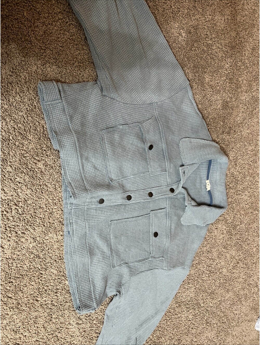 POL Women's Large  Shacket Stone Blue Oversized Metal Buttons